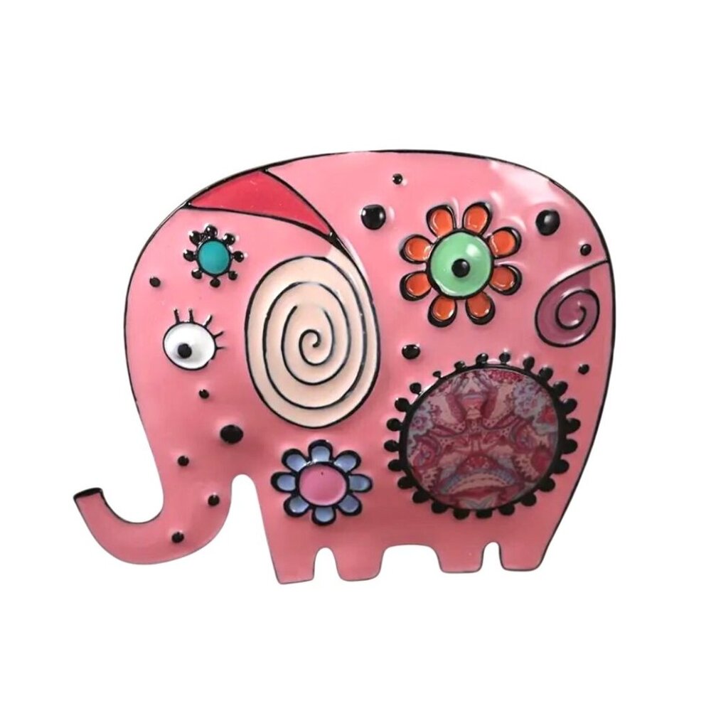 Pink Enamel Elephant Brooch Whimsical Floral Pattern